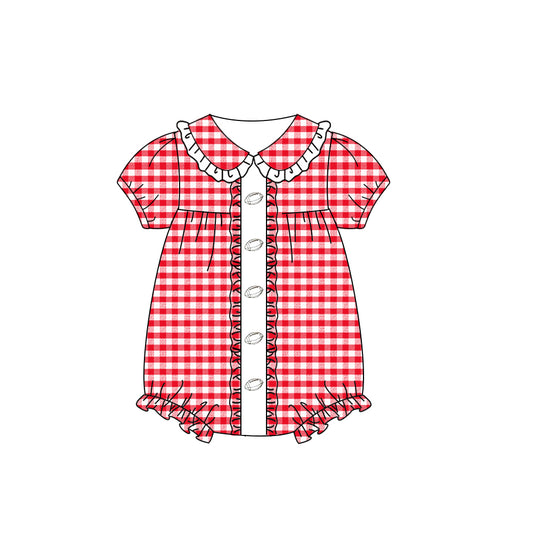 Red plaid short sleeves football baby girls romper
