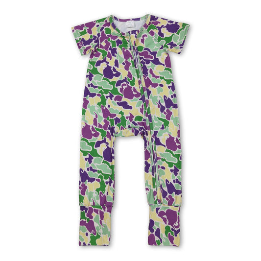 Purple yellow green camo baby Mardi Gras zipper romper