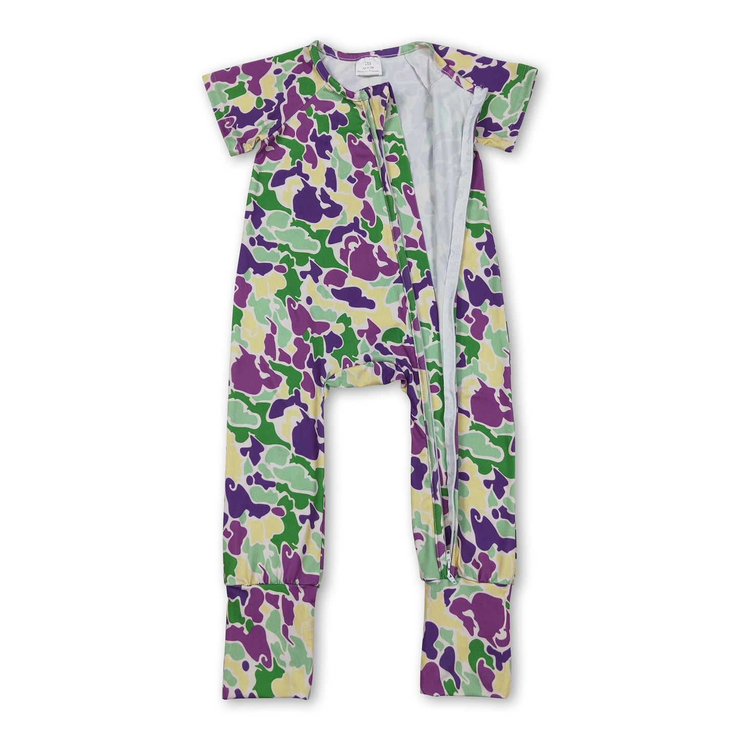 Purple yellow green camo baby Mardi Gras zipper romper