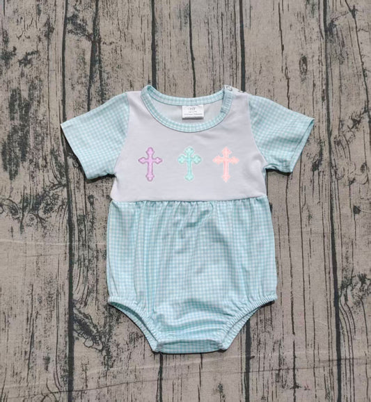 Short sleeves plaid cross baby boy easter romper