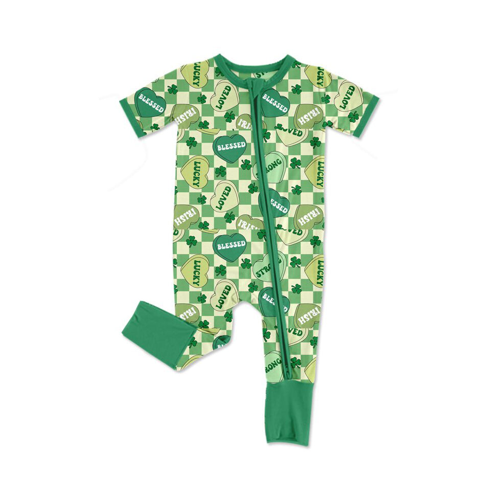 long sleeves green lucky heart baby romper