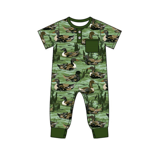 boy purple green duck print baby romper