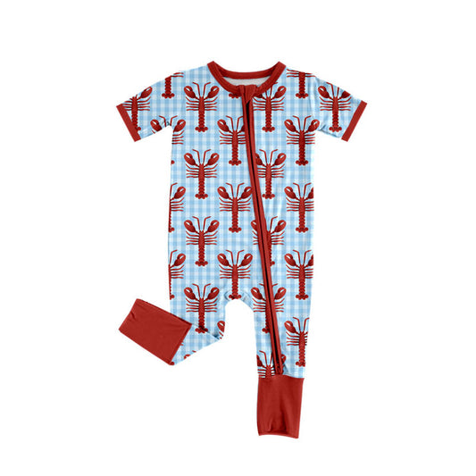 boy blue plaid red crab print baby short sleeve romper