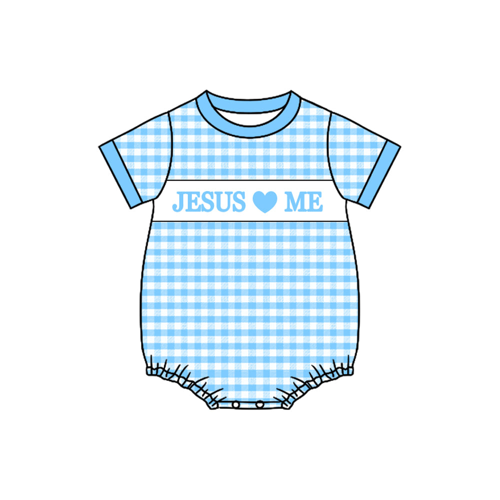 blue jesus love me baby short sleeve romper