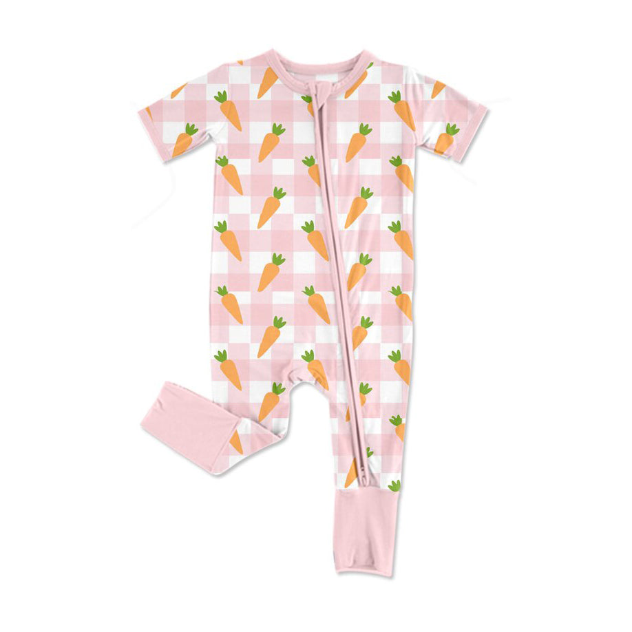 Long sleeves pink plaid carrot girl romper