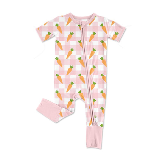Long sleeves pink plaid carrot girl romper