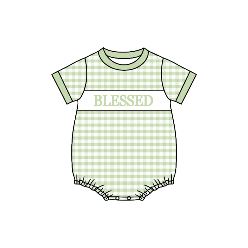 green plaid blessed print baby girl romper