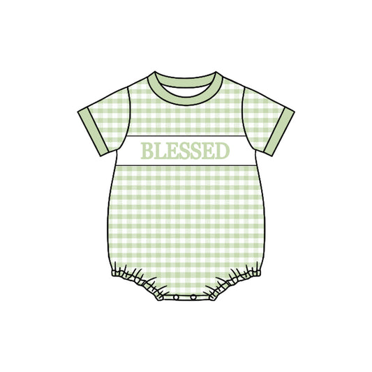 green plaid blessed print baby girl romper