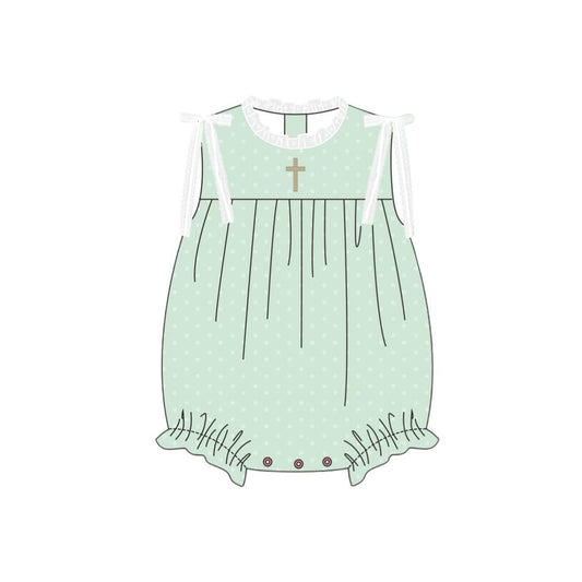 green polka cross embroidery baby girl short  romper