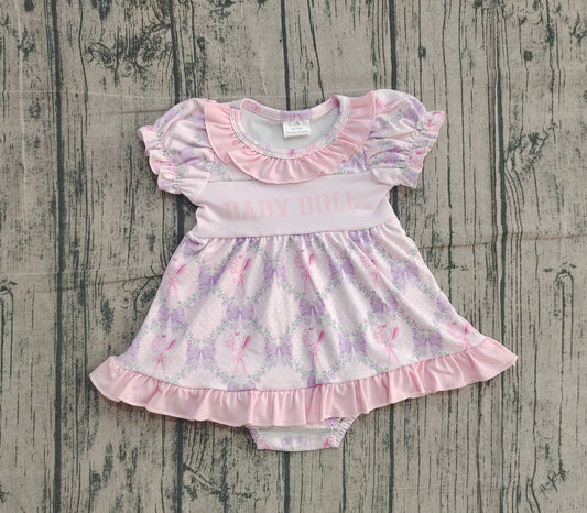 Short sleeves baby doll lavender bow girls romper