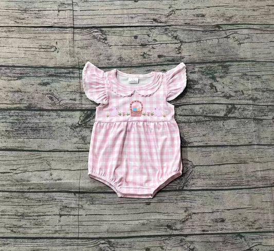 Pink plaid flutter sleeves rabbit baby girls Easter romper