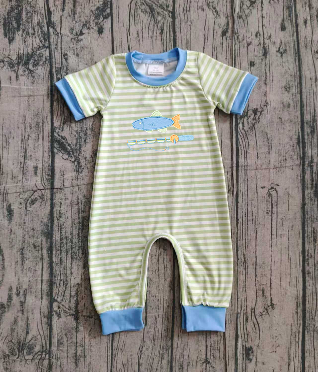 Short sleeves stripe fishing embroidery baby boy romper