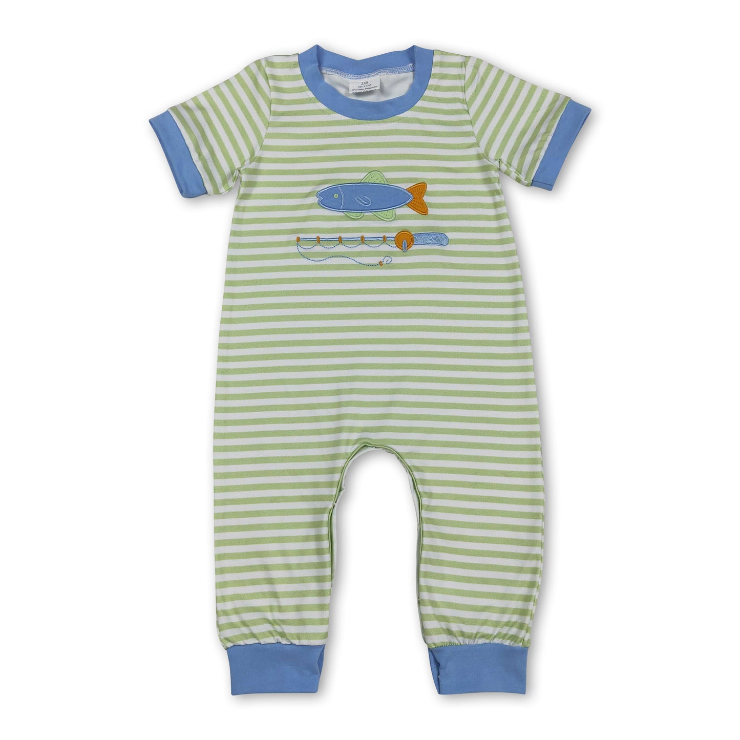 Short sleeves stripe fishing embroidery baby boy romper