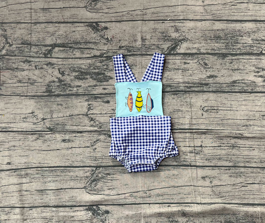 Blue plaid straps fishing baby boy summer romper