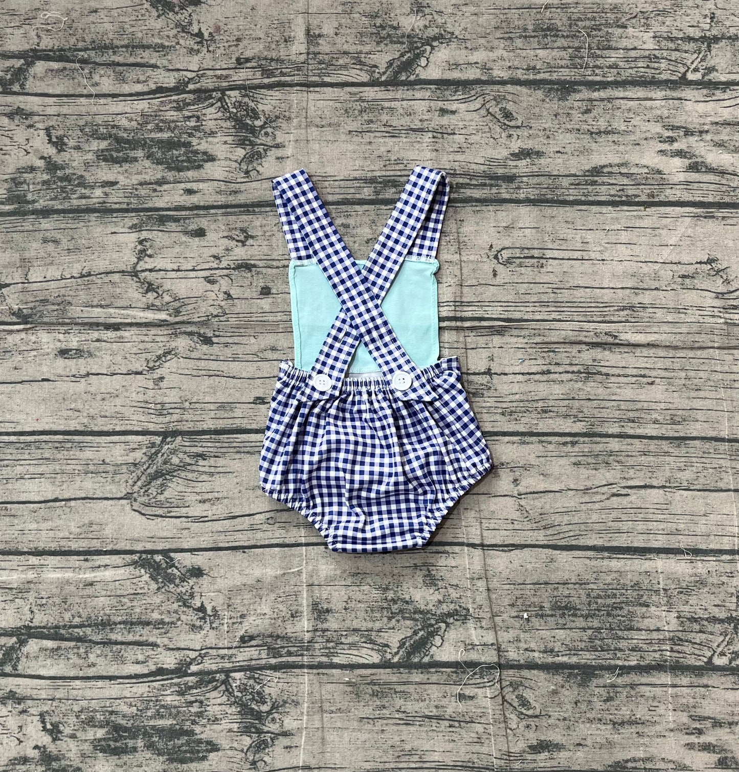 Blue plaid straps fishing baby boy summer romper