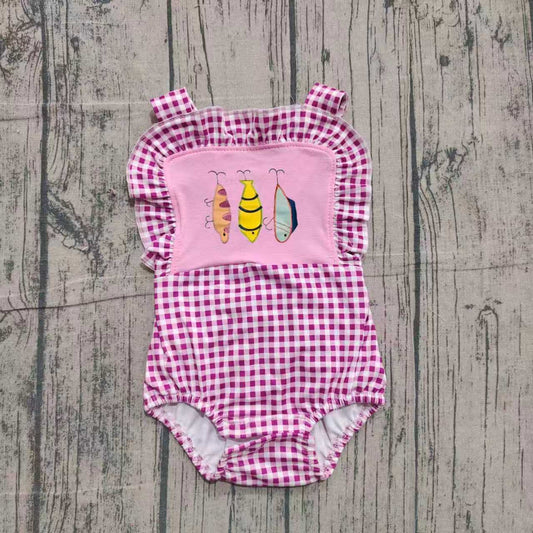 Pink plaid straps fishing baby girl summer romper
