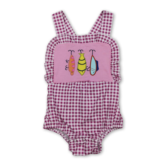 Pink plaid straps fishing baby girl summer romper