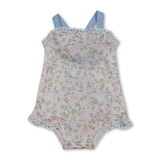 Straps lace ruffle floral baby girls summer romper
