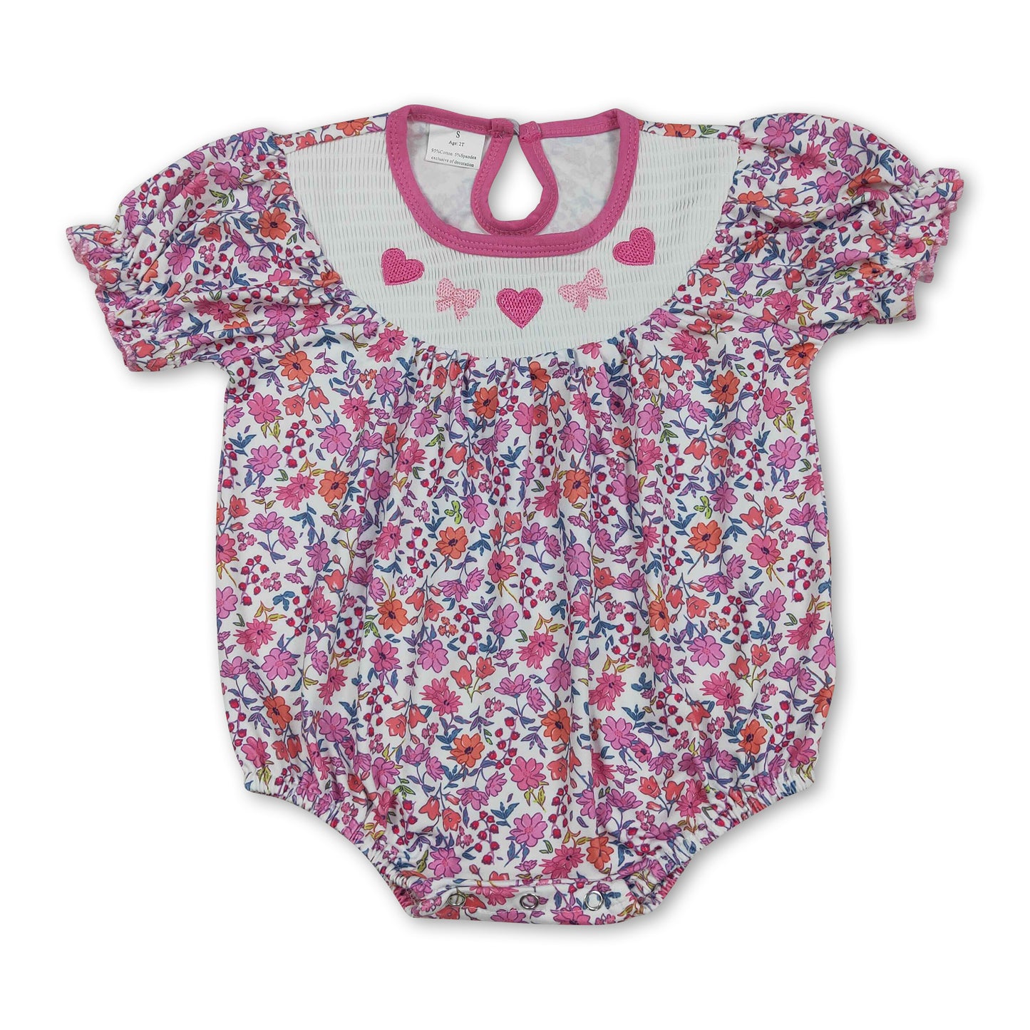 Heart bow smocked floral girls Valentine's romper