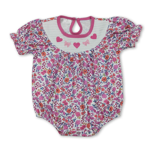 Heart bow smocked floral girls Valentine's romper