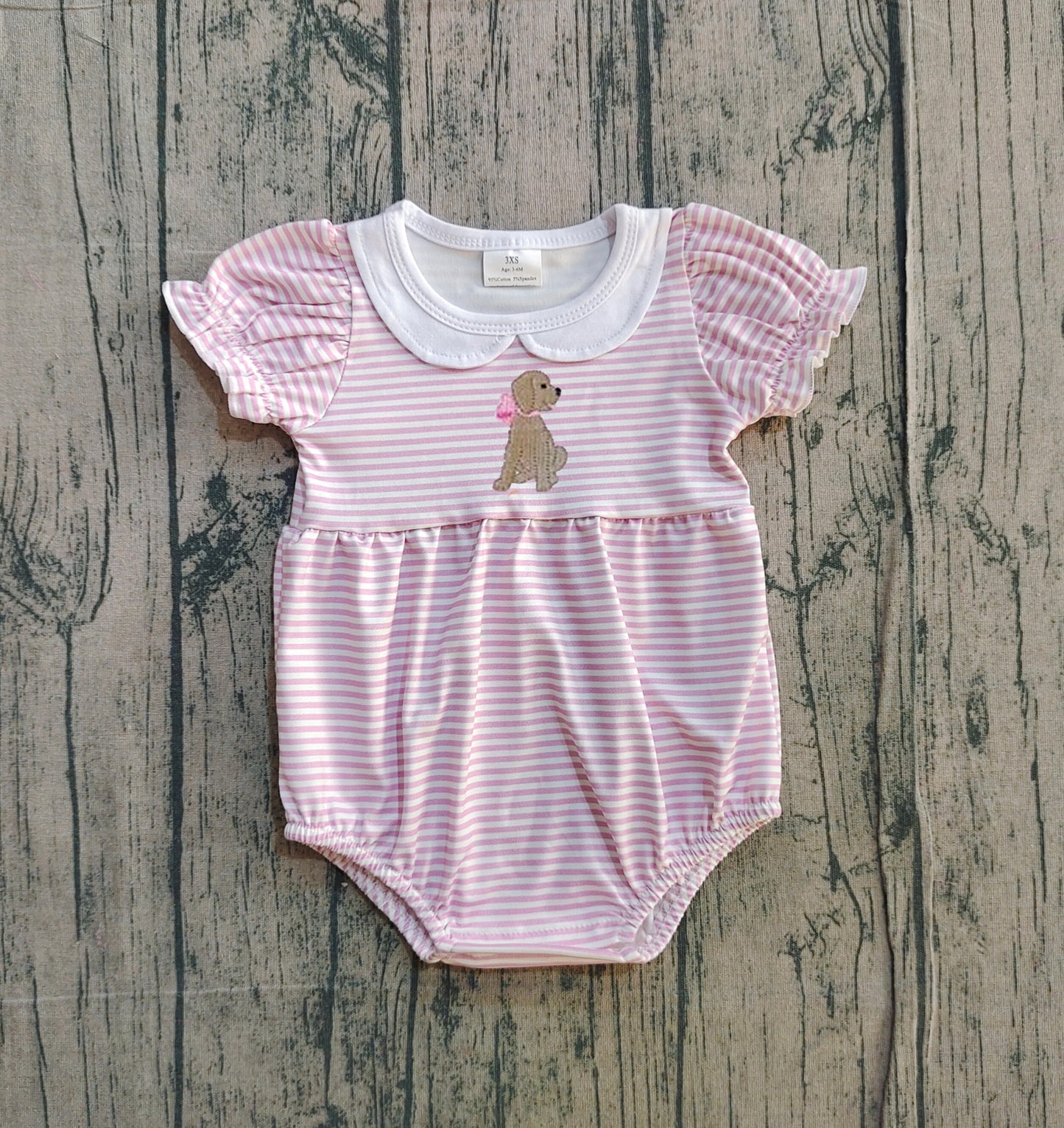 Pink stripe short sleeves dog baby girls romper