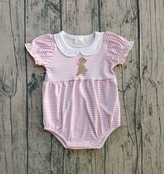 Pink stripe short sleeves dog baby girls romper