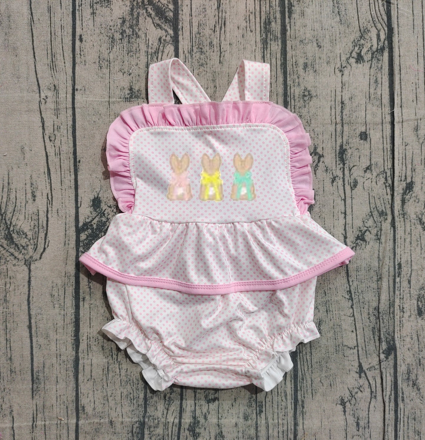 Polka dots bunny bow baby girls Easter romper