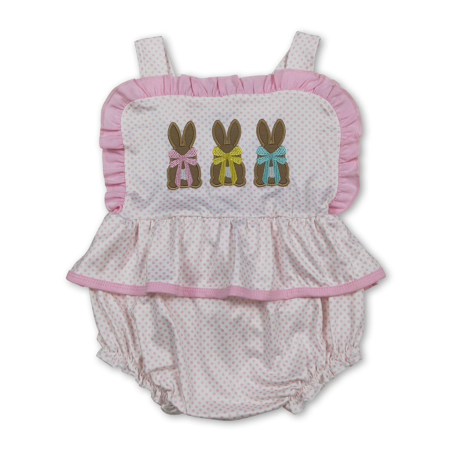 Polka dots bunny bow baby girls embroidery Easter romper
