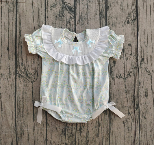 Short sleeves light blue bow smocked floral baby girls romper