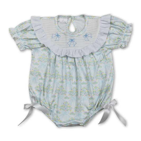 Short sleeves light blue bow smocked floral baby girls romper