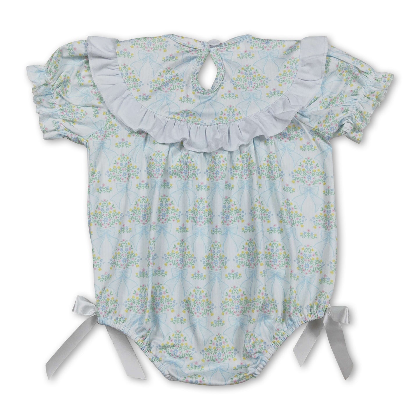 Short sleeves light blue bow smocked floral baby girls romper