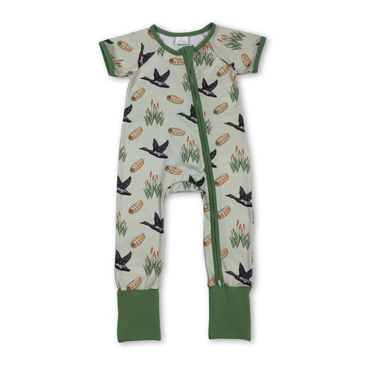 Green short sleeves duck baby boy zipper romper