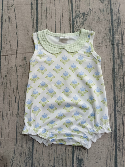 Sleeveless green light blue floral baby girls summer romper