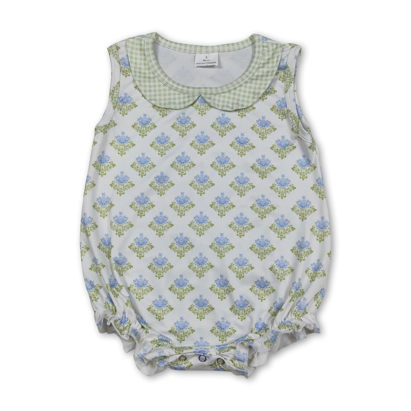 Sleeveless green light blue floral baby girls summer romper