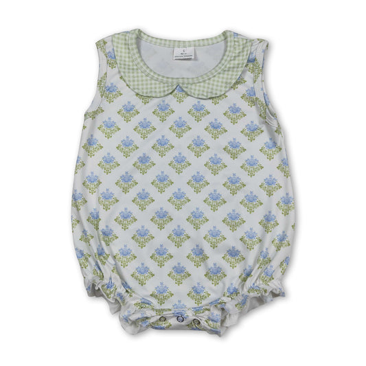 Sleeveless green light blue floral baby girls summer romper