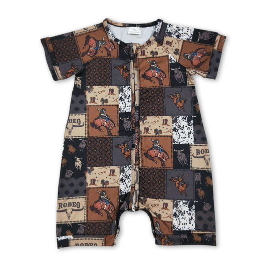 Short sleeves cow rodeo baby boy zipper romper