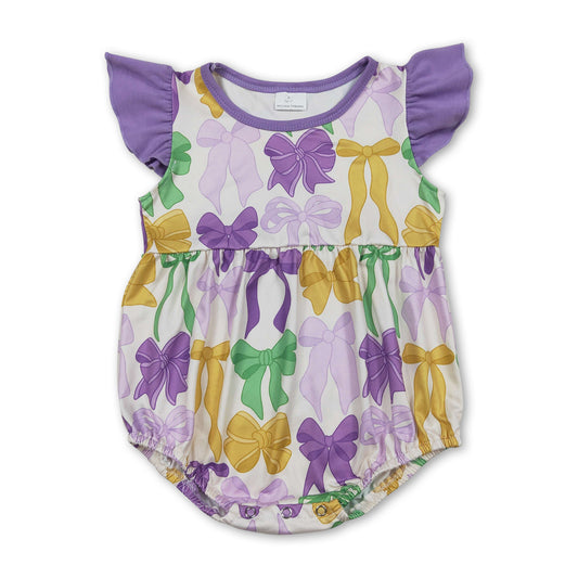 Purple yellow green bow girls Mardi Gras romper