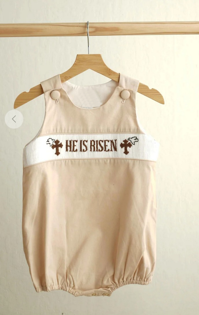 Sleeveless He is risen cross baby boy Easter romper