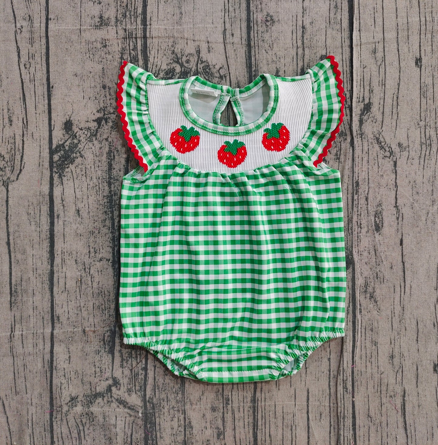 Flutter sleeves green plaid strawberry baby girls romper
