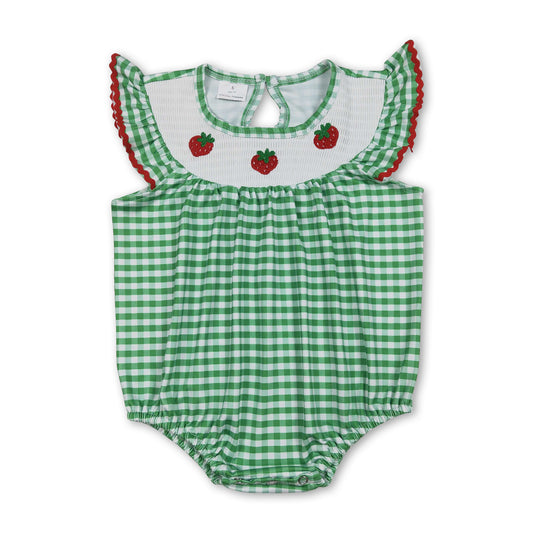 Flutter sleeves green plaid strawberry baby girls romper