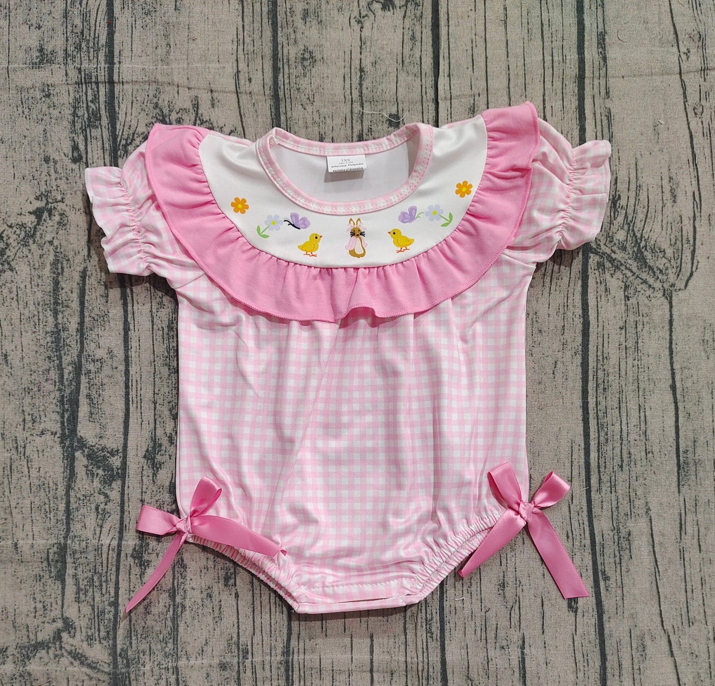 Pink plaid short sleeves chicken bunny baby girl Easter romper