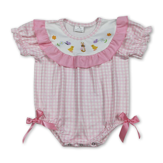 Pink plaid short sleeves chicken bunny baby girl Easter romper