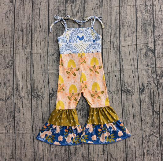 Straps chicken floral patchwork kids girls jumpsuit