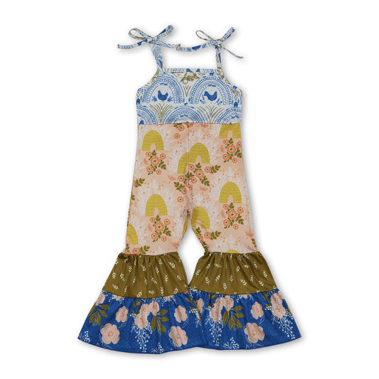 Straps chicken floral patchwork kids girls jumpsuit