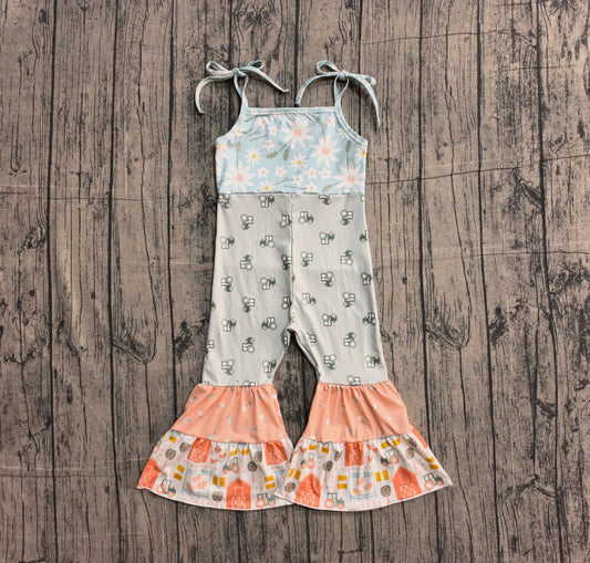 Straps floral tractor patchwork farm kids girls jumpsuit
