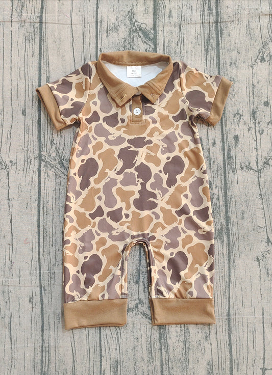 Short sleeves light brown camo baby boy polo romper