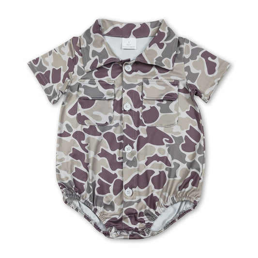 Short sleeves camo pockets baby boy button romper