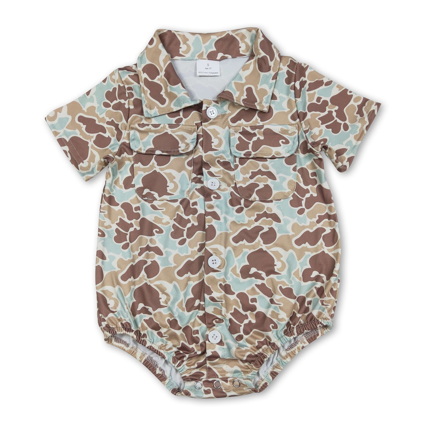 Short sleeves mint camo pockets baby boy button romper