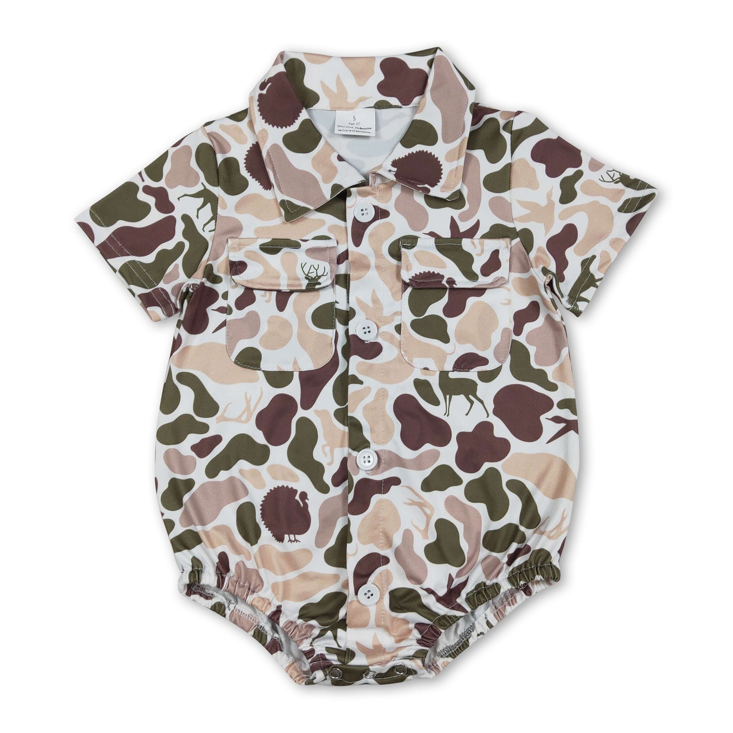 Short sleeves hunting camo pockets baby boy button romper