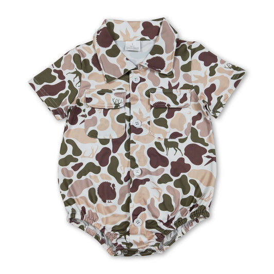 Short sleeves hunting camo pockets baby boy button romper